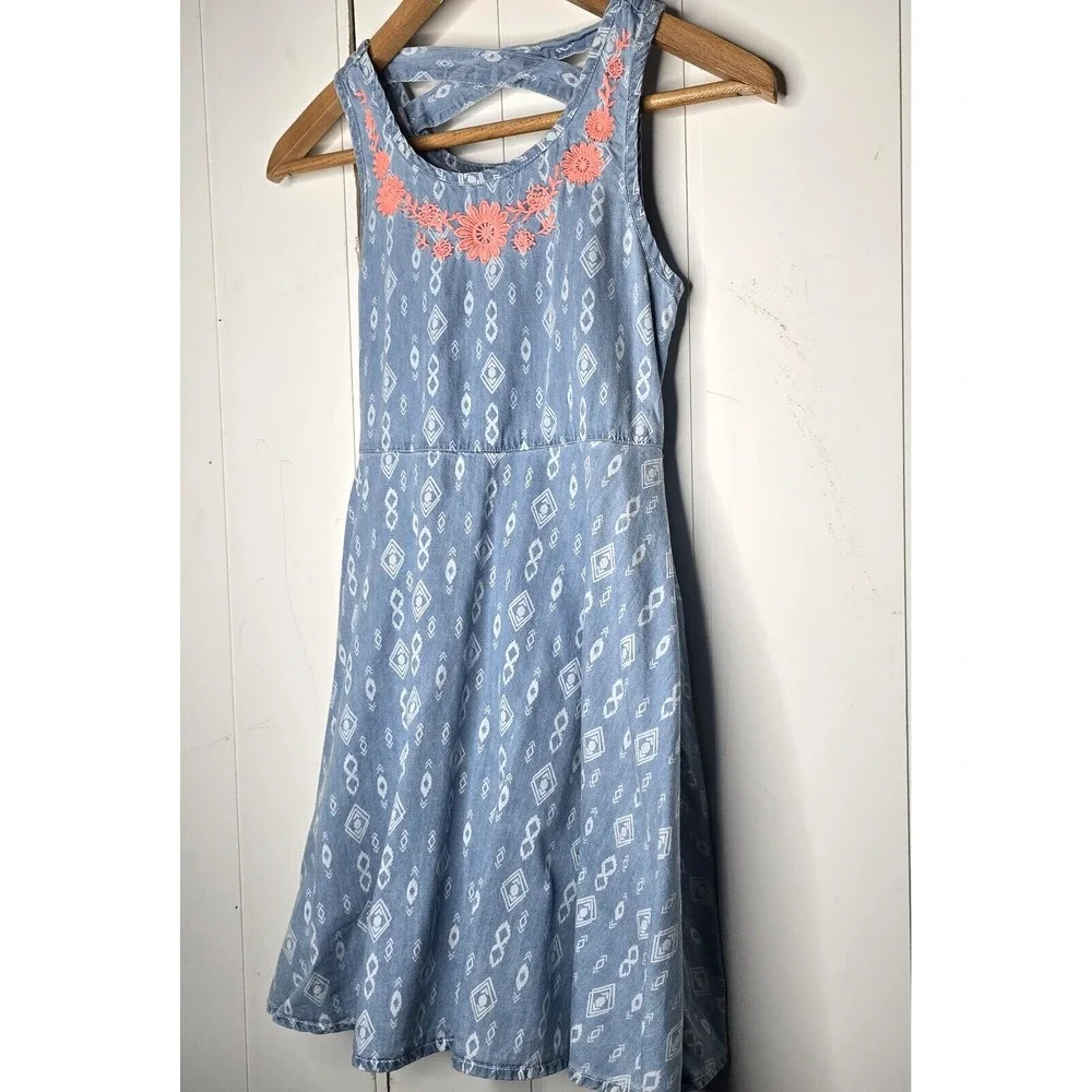 Justice Sleeveless Dress Kids‎ 12 Blue Geometric Boho Floral Embroidered Core